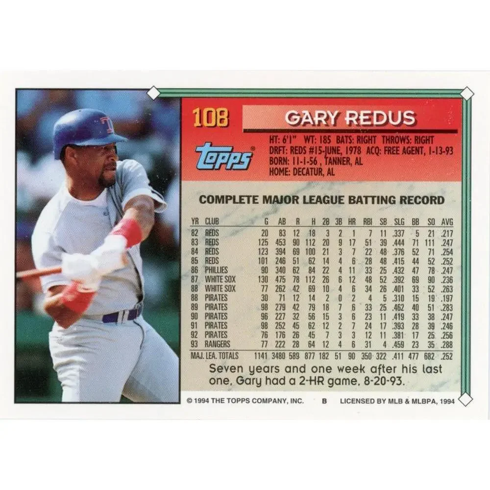 1994 Topps Gary Redus # 108 Texas Rangers